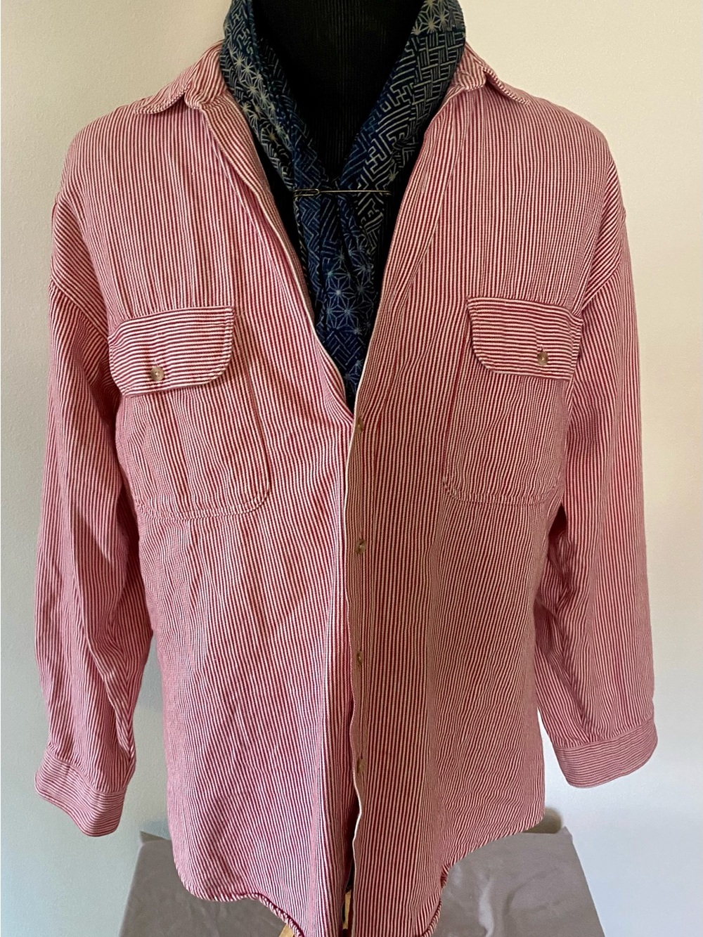 Vintage Woolrich Men’s L Red Hickory Stripe Work Shirt Chore Overshirt Cotton